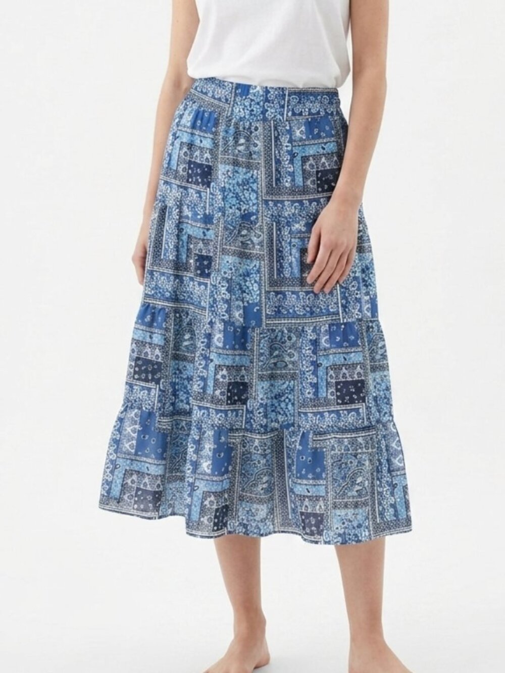 Christopher & Banks Skirt Blue Bandana Patchwork Midi Boho Festival PXL